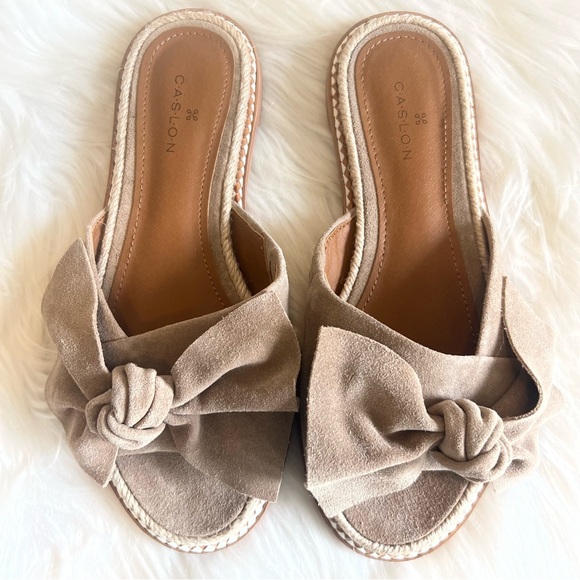 Caslon Shoes - Caslon Darcie Tan Leather Open Toe Bow Slides Flats Sandals Boho Coastal Size 6